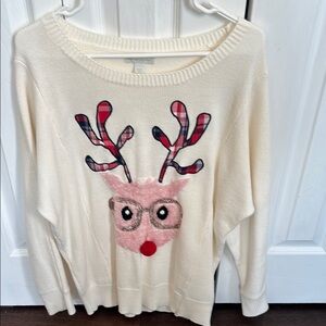 Cream Reindeer Sweater with Plaid Antlers